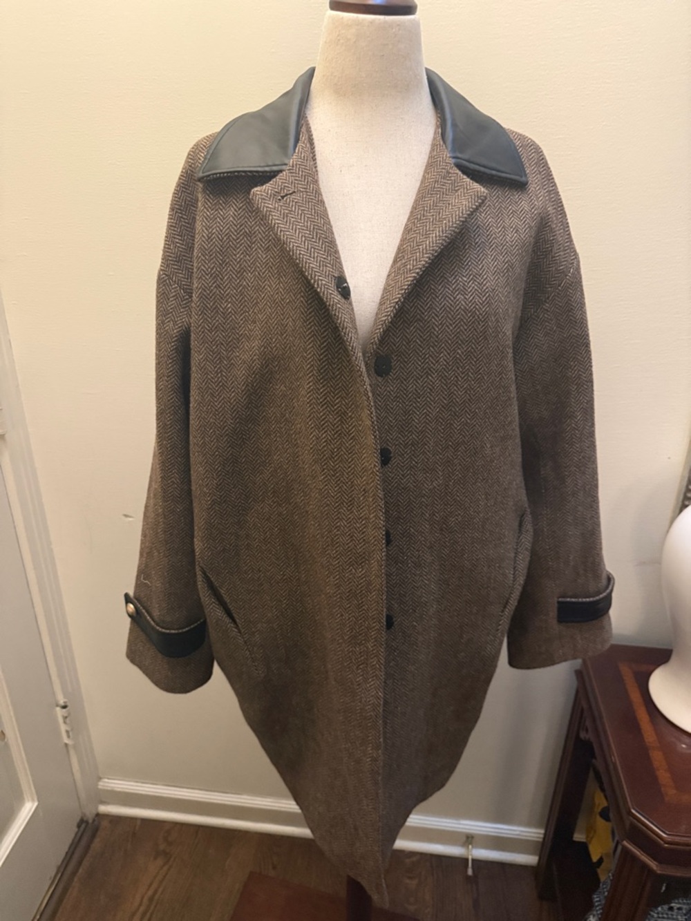 Commense Brown Herringbone Trench Coat with Black Leather Trim